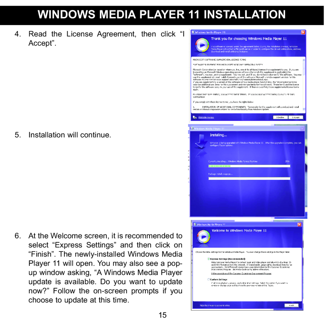 Memorex MMP8590-BLK, MMP8590-WHT, MMP8590-PNK, MMP8590-ORG manual Windows Media Player 11 Installation 