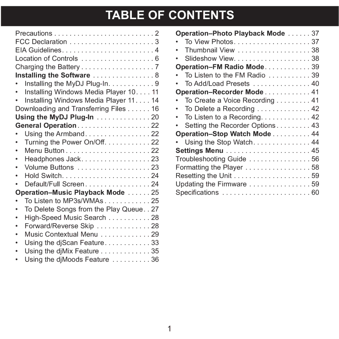 Memorex MMP8590-PNK, MMP8590-BLK, MMP8590-WHT, MMP8590-ORG manual Table of Contents 