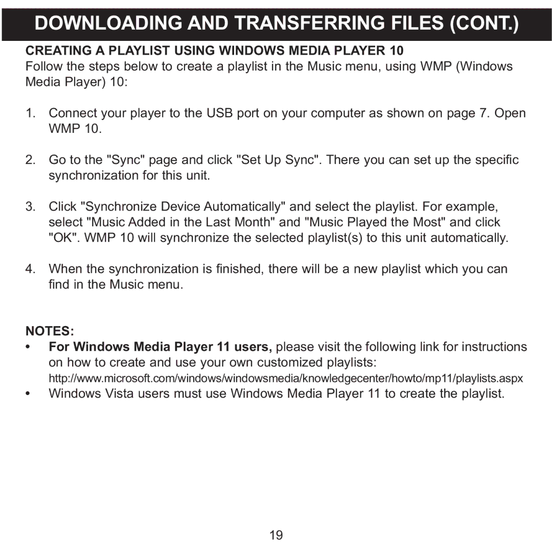 Memorex MMP8590-BLK, MMP8590-WHT, MMP8590-PNK, MMP8590-ORG manual Creating a Playlist Using Windows Media Player 