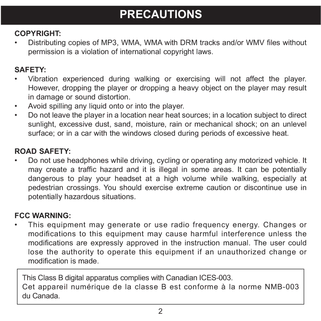 Memorex MMP8590-ORG, MMP8590-BLK, MMP8590-WHT, MMP8590-PNK manual Precautions, Copyright, Road Safety, FCC Warning 