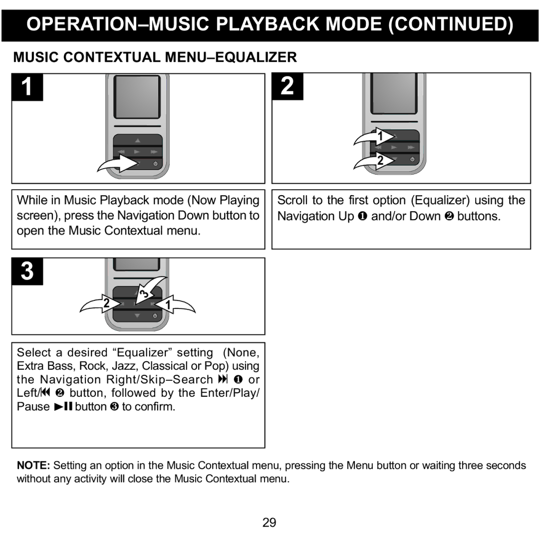 Memorex MMP8590-PNK, MMP8590-BLK, MMP8590-WHT, MMP8590-ORG manual Music Contextual MENU-EQUALIZER 