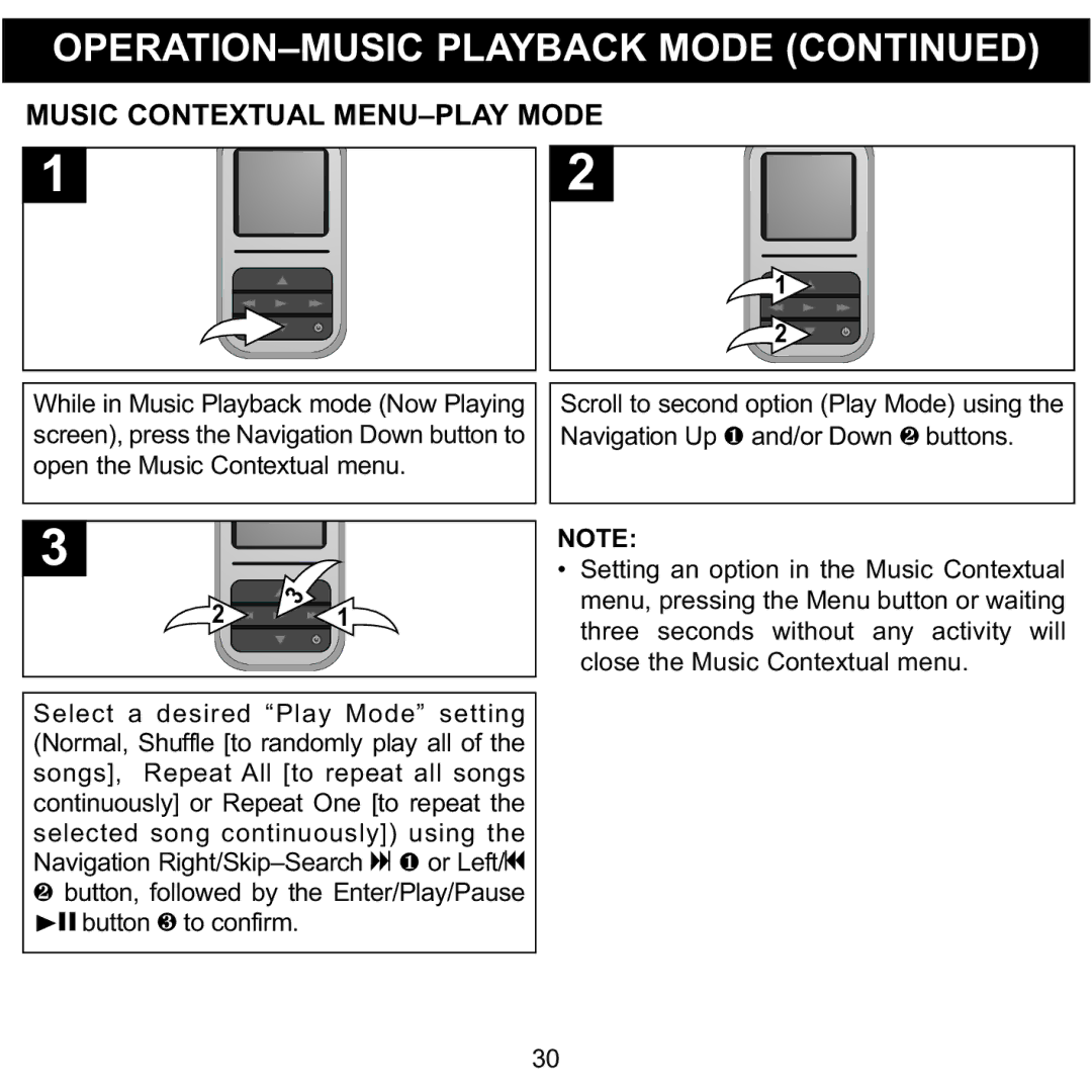 Memorex MMP8590-ORG, MMP8590-BLK, MMP8590-WHT, MMP8590-PNK manual Music Contextual MENU-PLAY Mode 