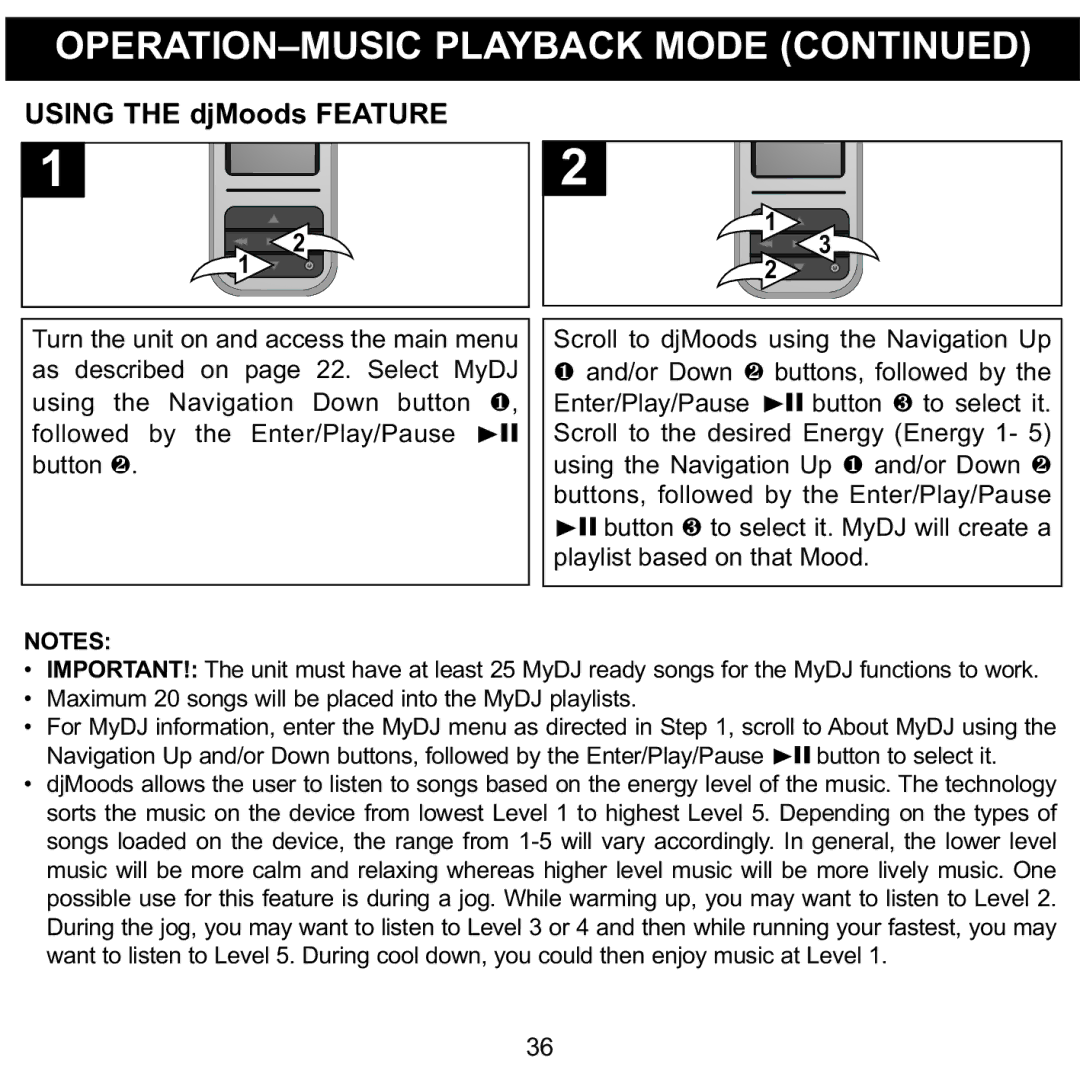 Memorex MMP8590-WHT, MMP8590-BLK, MMP8590-PNK, MMP8590-ORG manual Using the djMoods Feature 