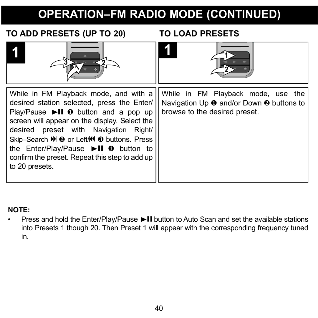 Memorex MMP8590-WHT, MMP8590-BLK, MMP8590-PNK, MMP8590-ORG manual To ADD Presets UP to, To Load Presets 