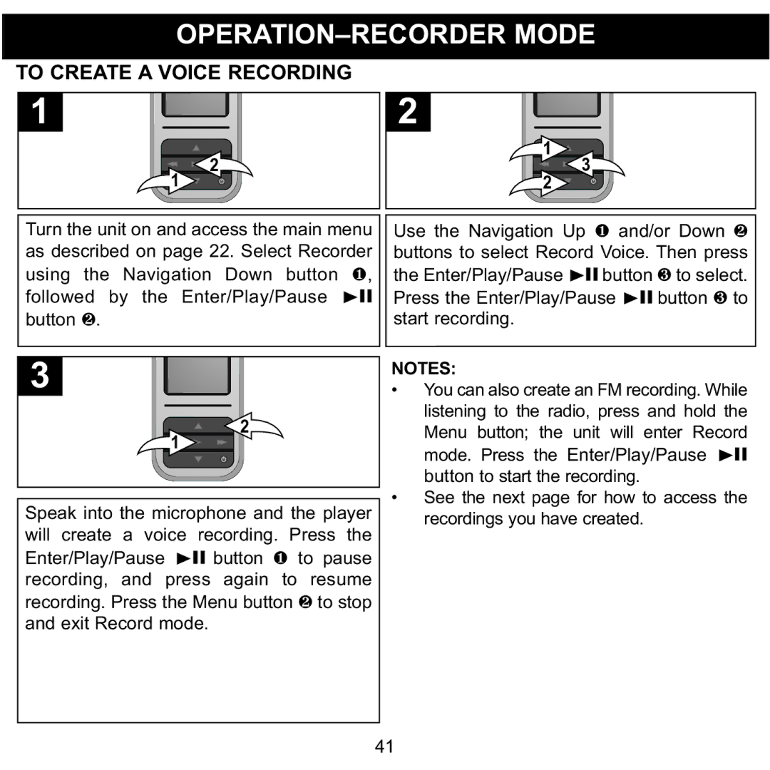 Memorex MMP8590-PNK, MMP8590-BLK, MMP8590-WHT, MMP8590-ORG manual OPERATION-RECORDER Mode, To Create a Voice Recording 