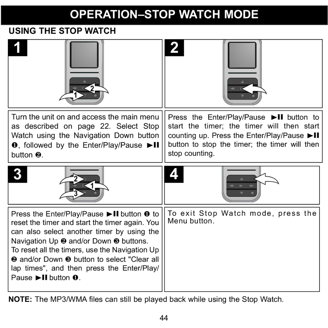 Memorex MMP8590-WHT manual OPERATION-STOP Watch Mode, Using the Stop Watch, Followed by the Enter/Play/Pause Button1 2.p 