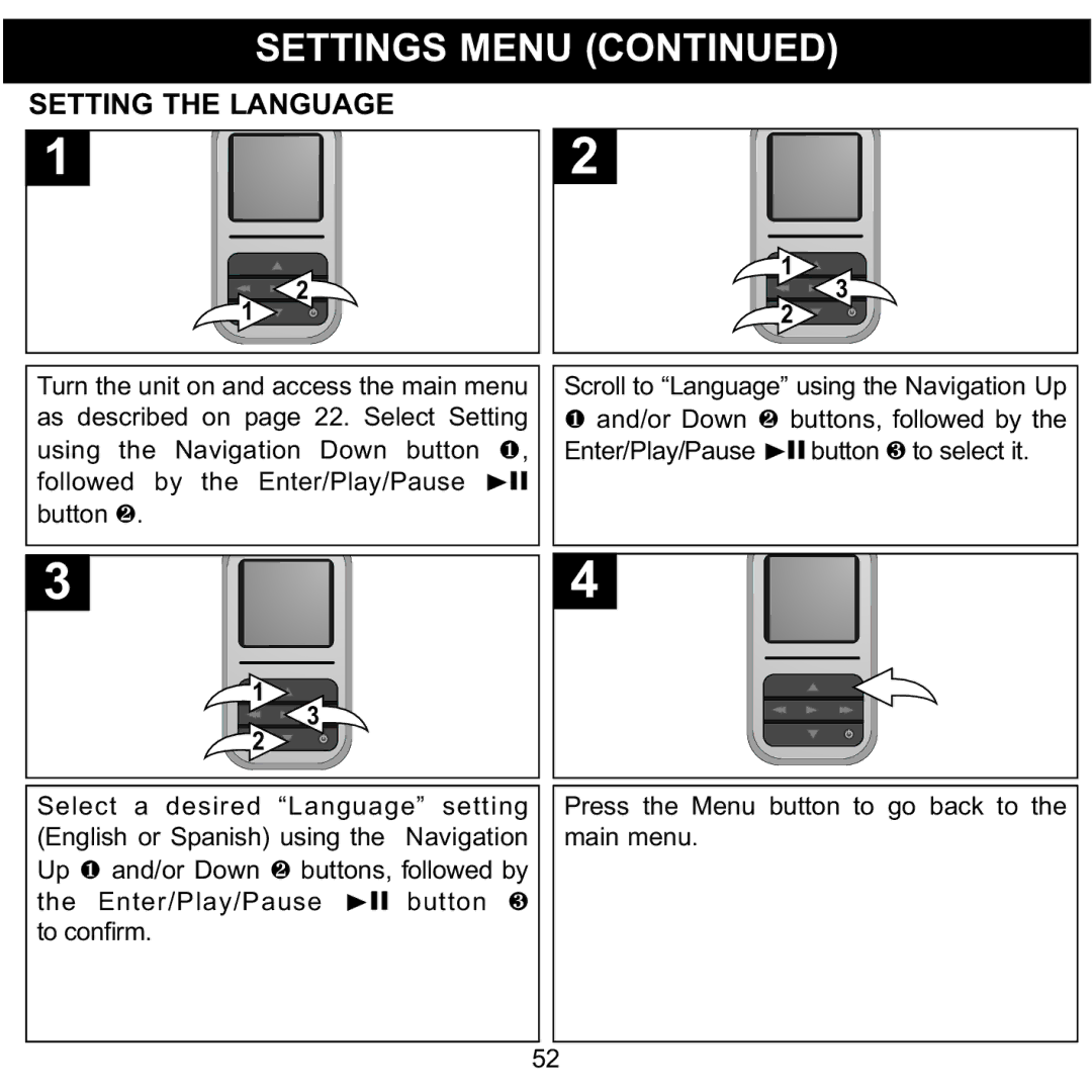 Memorex MMP8590-WHT, MMP8590-BLK, MMP8590-PNK, MMP8590-ORG manual Setting the Language 