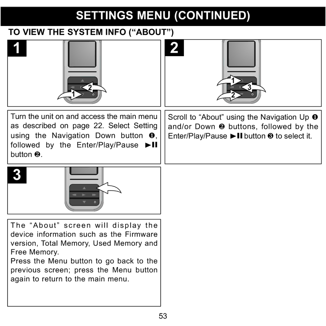 Memorex MMP8590-PNK, MMP8590-BLK, MMP8590-WHT, MMP8590-ORG manual To View the System Info about 