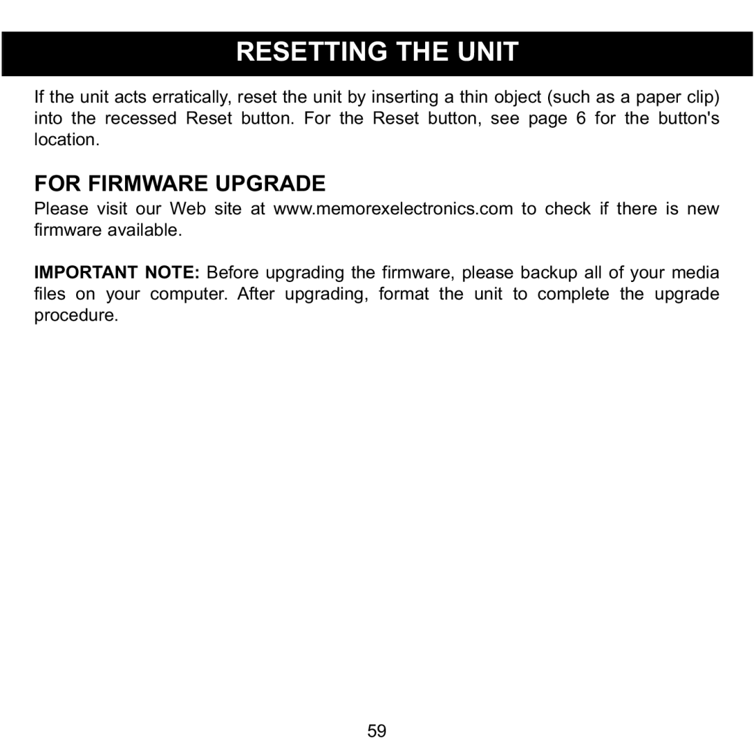 Memorex MMP8590-BLK, MMP8590-WHT, MMP8590-PNK, MMP8590-ORG manual Resetting the Unit, For Firmware Upgrade 