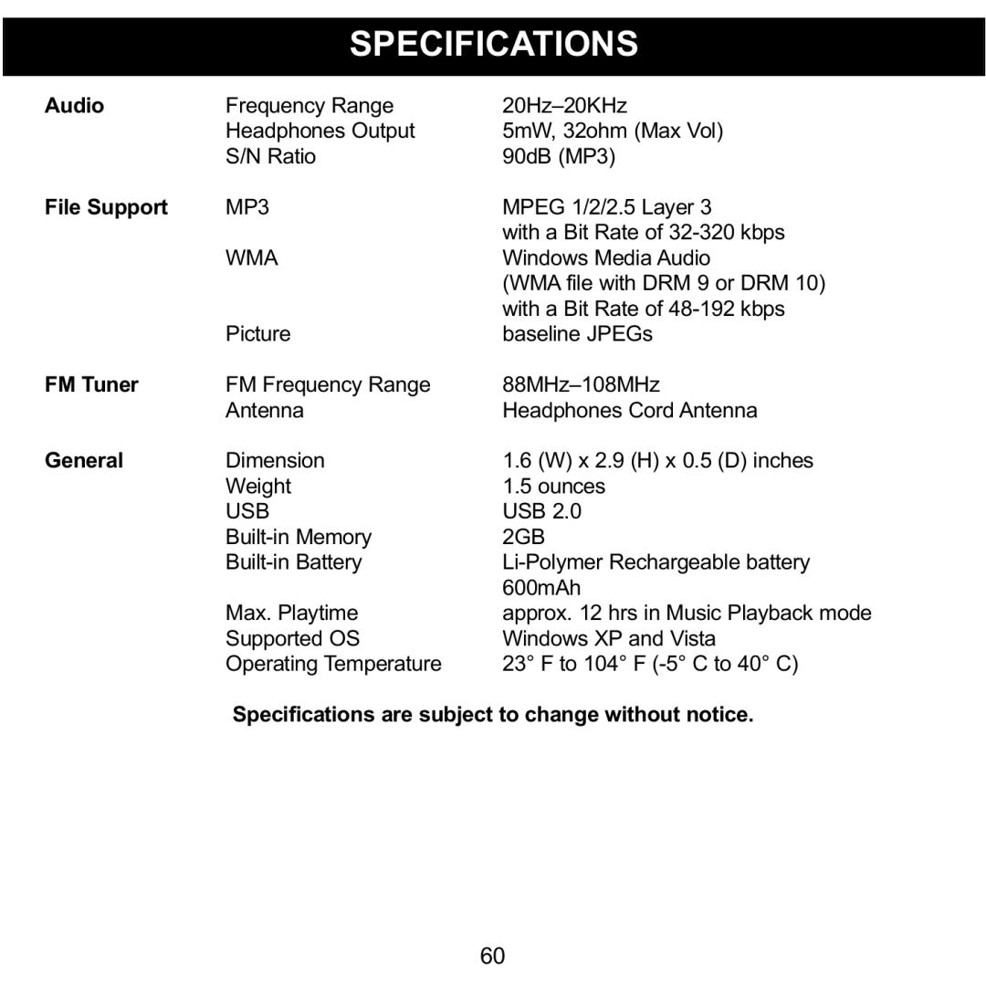 Memorex MMP8590-WHT, MMP8590-BLK, MMP8590-PNK, MMP8590-ORG manual Specifications, Audio File Support FM Tuner General 