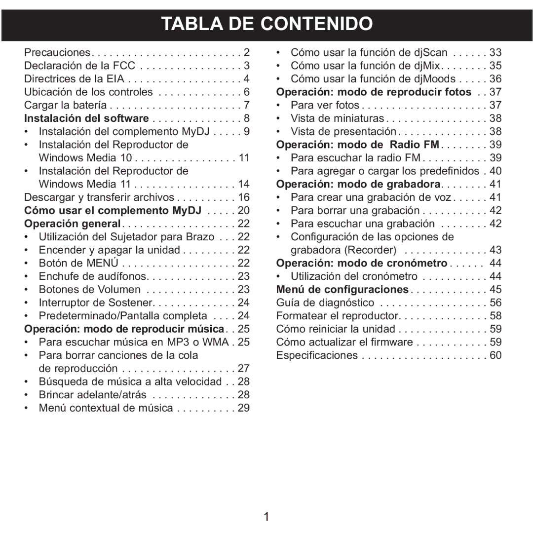 Memorex MMP8590-ORG, MMP8590-BLK, MMP8590-WHT, MMP8590-PNK manual Tabla DE Contenido, Operación modo de cronómetro 