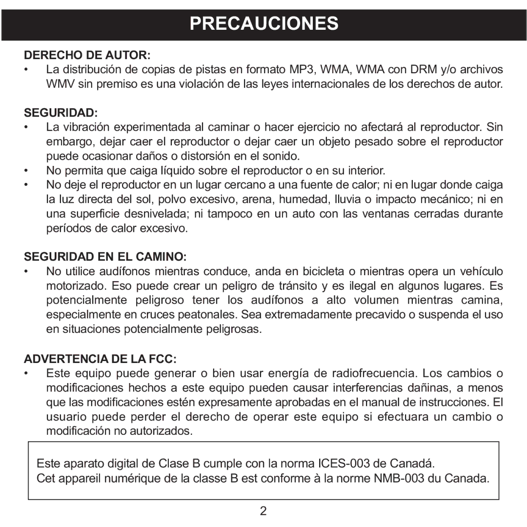 Memorex MMP8590-BLK, MMP8590-WHT, MMP8590-PNK, MMP8590-ORG manual Precauciones, Derecho DE Autor 