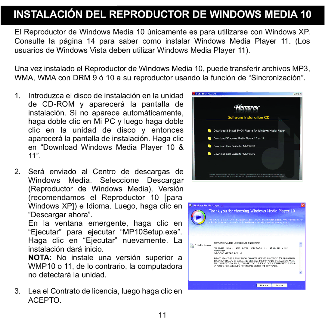 Memorex MMP8590-WHT, MMP8590-BLK, MMP8590-PNK, MMP8590-ORG manual Instalación DEL Reproductor DE Windows Media 