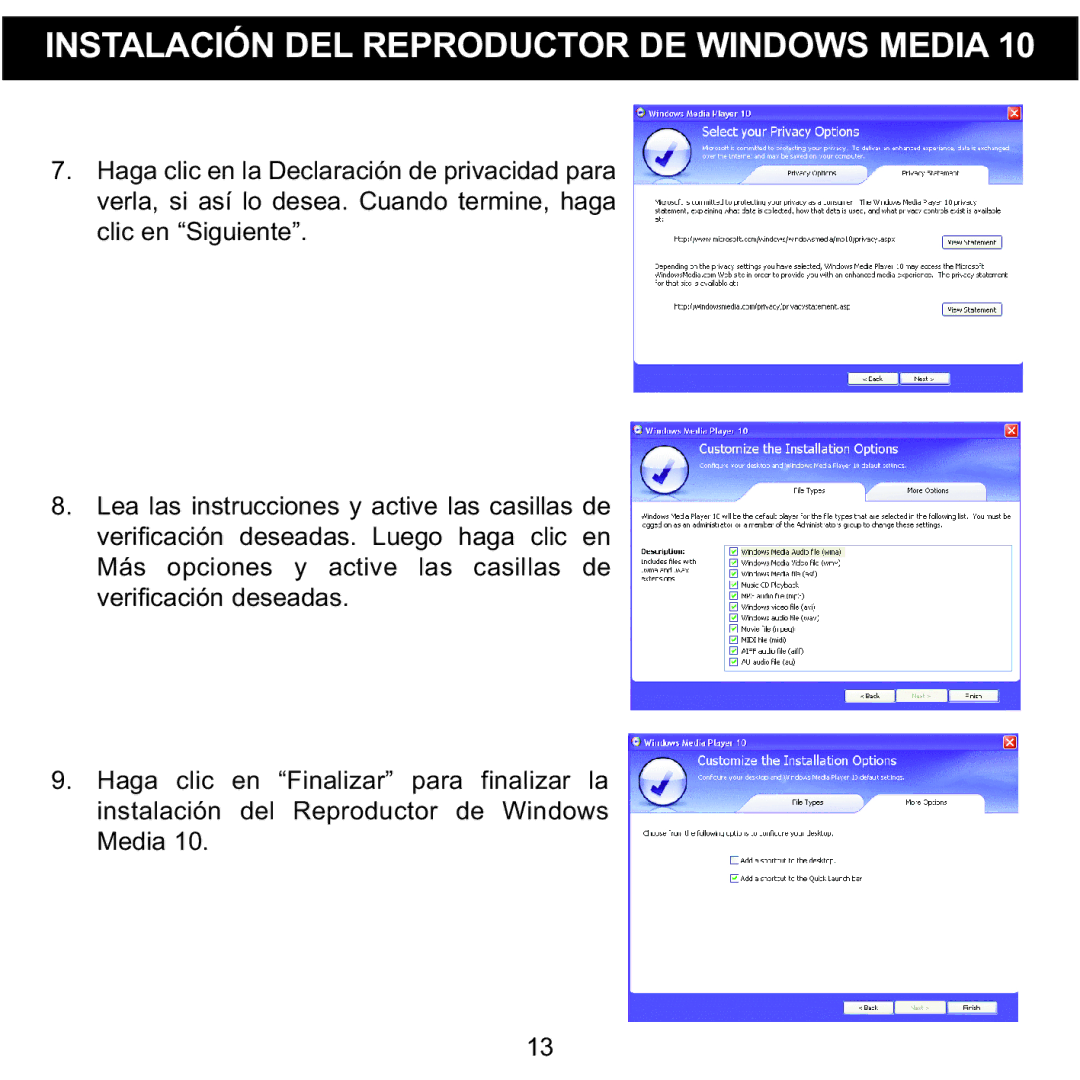 Memorex MMP8590-ORG, MMP8590-BLK, MMP8590-WHT, MMP8590-PNK manual Instalación DEL Reproductor DE Windows Media 