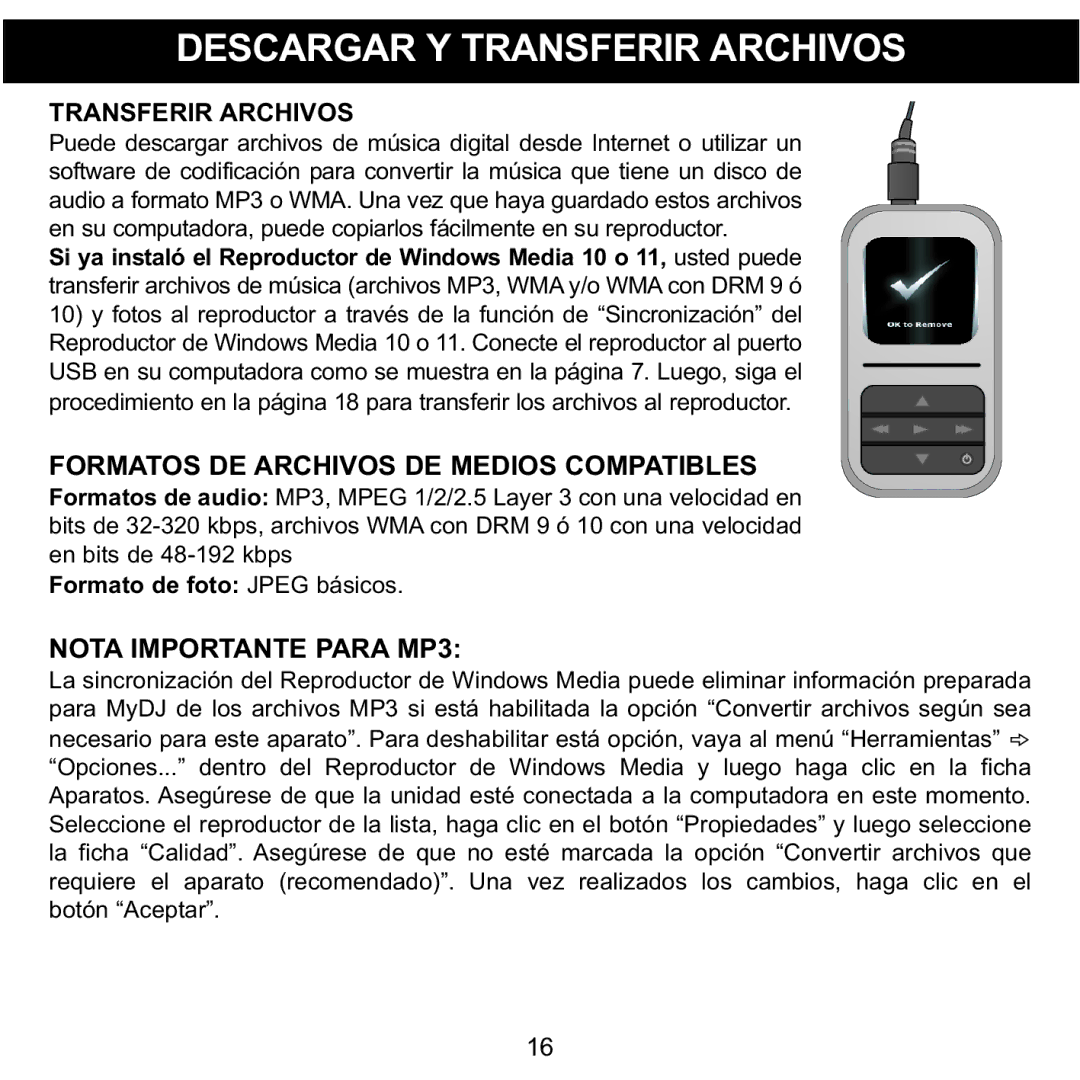 Memorex MMP8590-PNK, MMP8590-BLK, MMP8590-WHT, MMP8590-ORG manual Descargar Y Transferir Archivos, Nota Importante Para MP3 