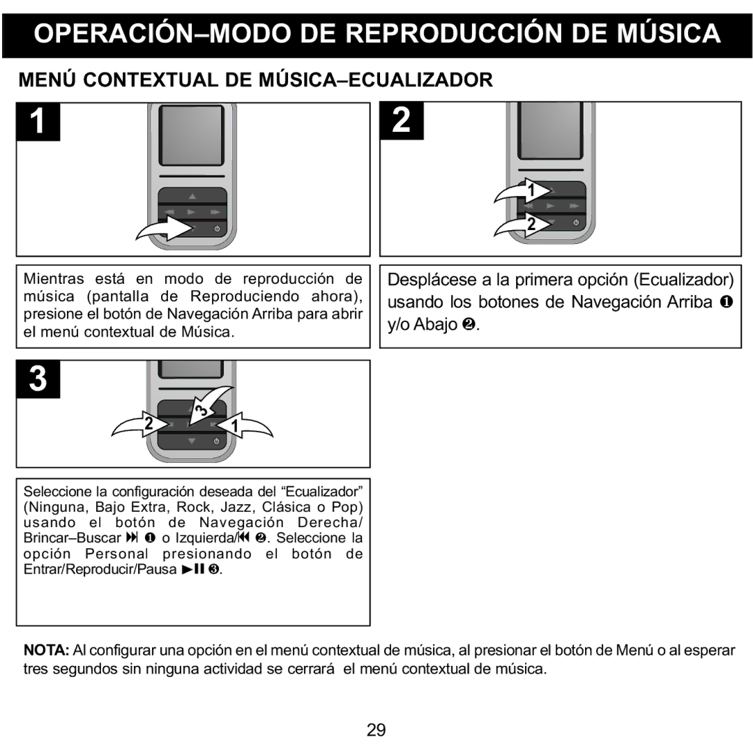 Memorex MMP8590-ORG, MMP8590-BLK, MMP8590-WHT, MMP8590-PNK manual Menú Contextual DE MÚSICA-ECUALIZADOR 