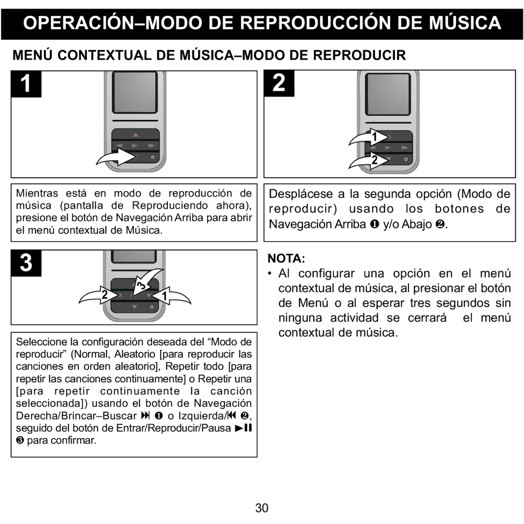 Memorex MMP8590-BLK, MMP8590-WHT, MMP8590-PNK, MMP8590-ORG manual Menú Contextual DE MÚSICA-MODO DE Reproducir, Nota 