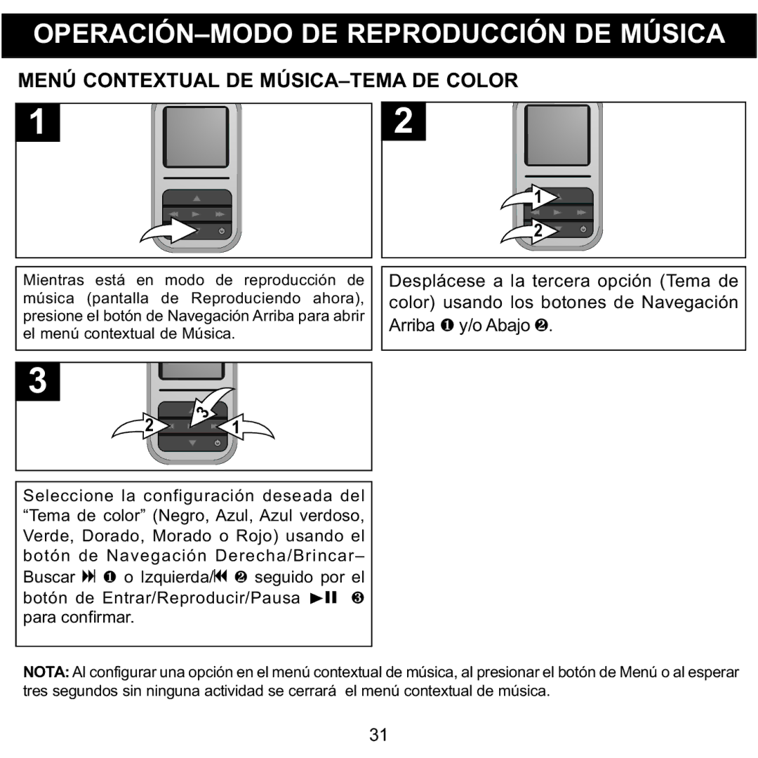 Memorex MMP8590-WHT, MMP8590-BLK, MMP8590-PNK, MMP8590-ORG manual Menú Contextual DE MÚSICA-TEMA DE Color 