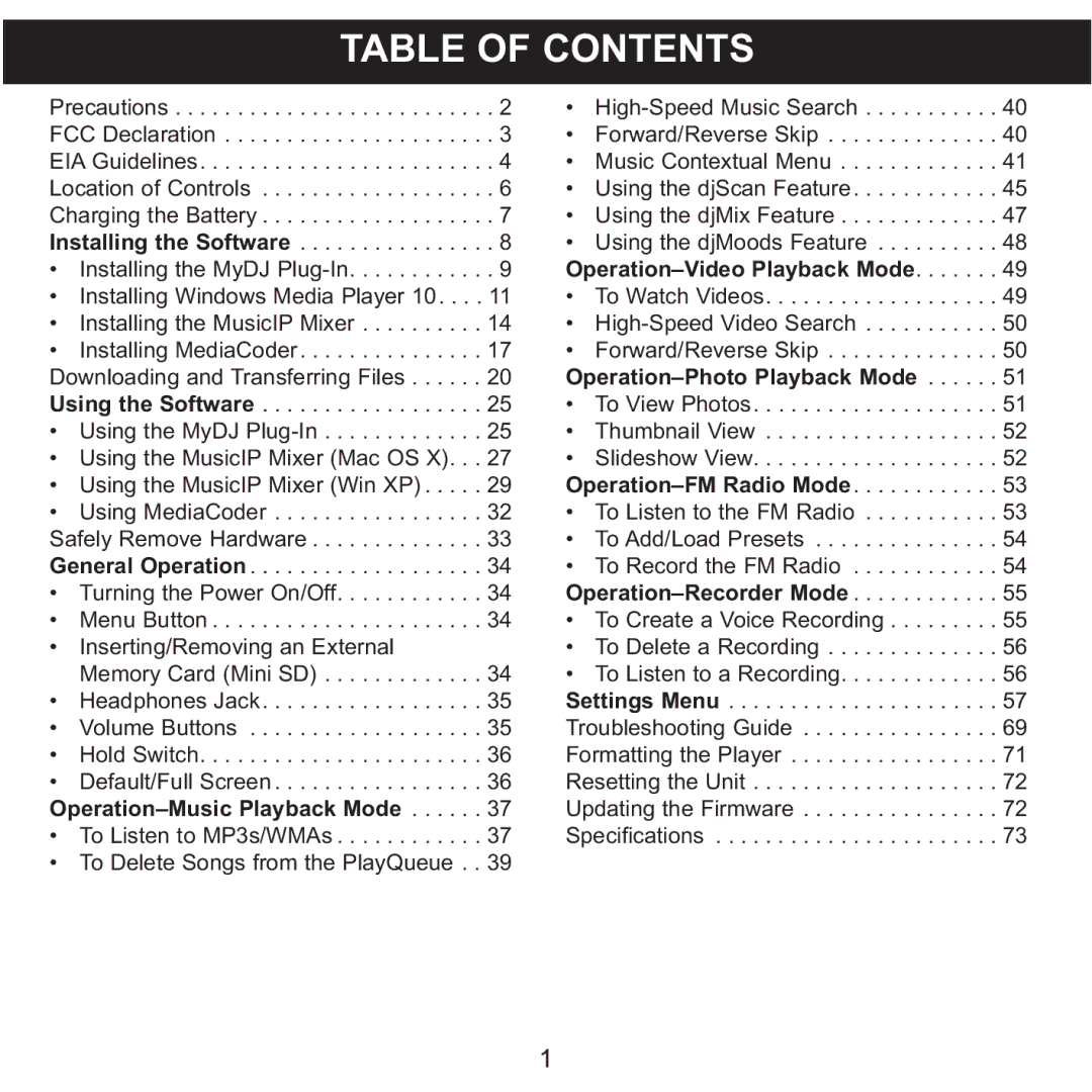 Memorex MMP8620 specifications Table of Contents 