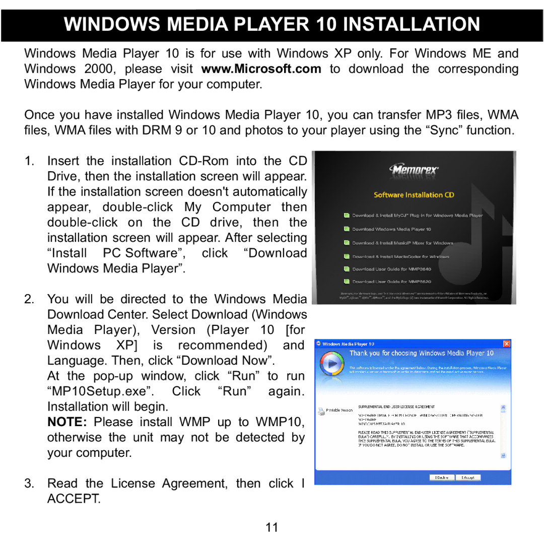 Memorex MMP8620 specifications Windows Media Player 10 Installation 