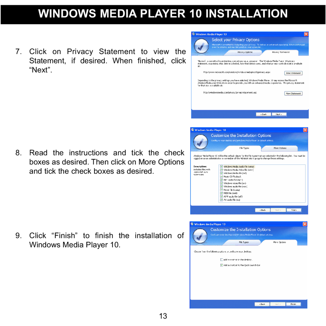 Memorex MMP8620 specifications Windows Media Player 10 Installation 