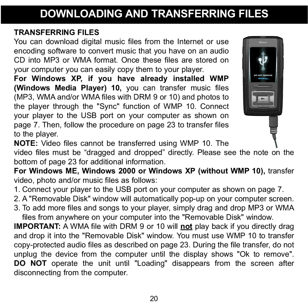 Memorex MMP8620 specifications Downloading and Transferring Files 