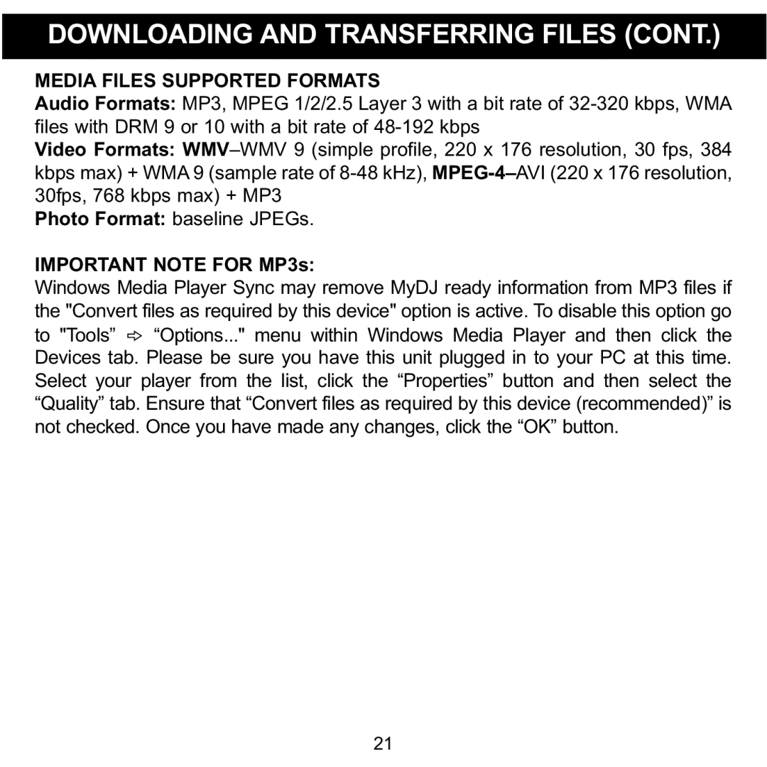 Memorex MMP8620 specifications Media Files Supported Formats, Important Note for MP3s 