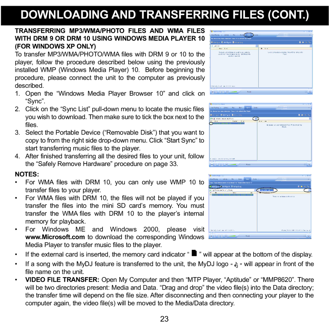 Memorex MMP8620 specifications Downloading and Transferring Files 