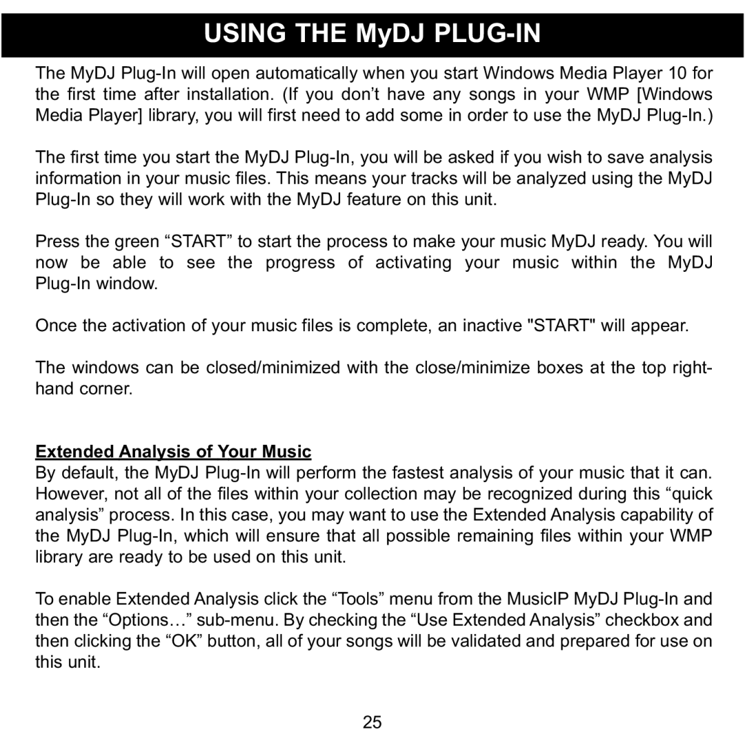 Memorex MMP8620 specifications Using the MyDJ PLUG-IN, Extended Analysis of Your Music 