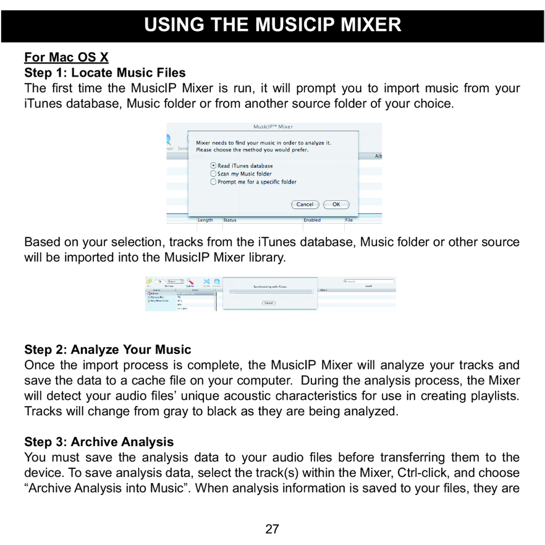 Memorex MMP8620 specifications Using the Musicip Mixer, For Mac OS Locate Music Files, Analyze Your Music, Archive Analysis 