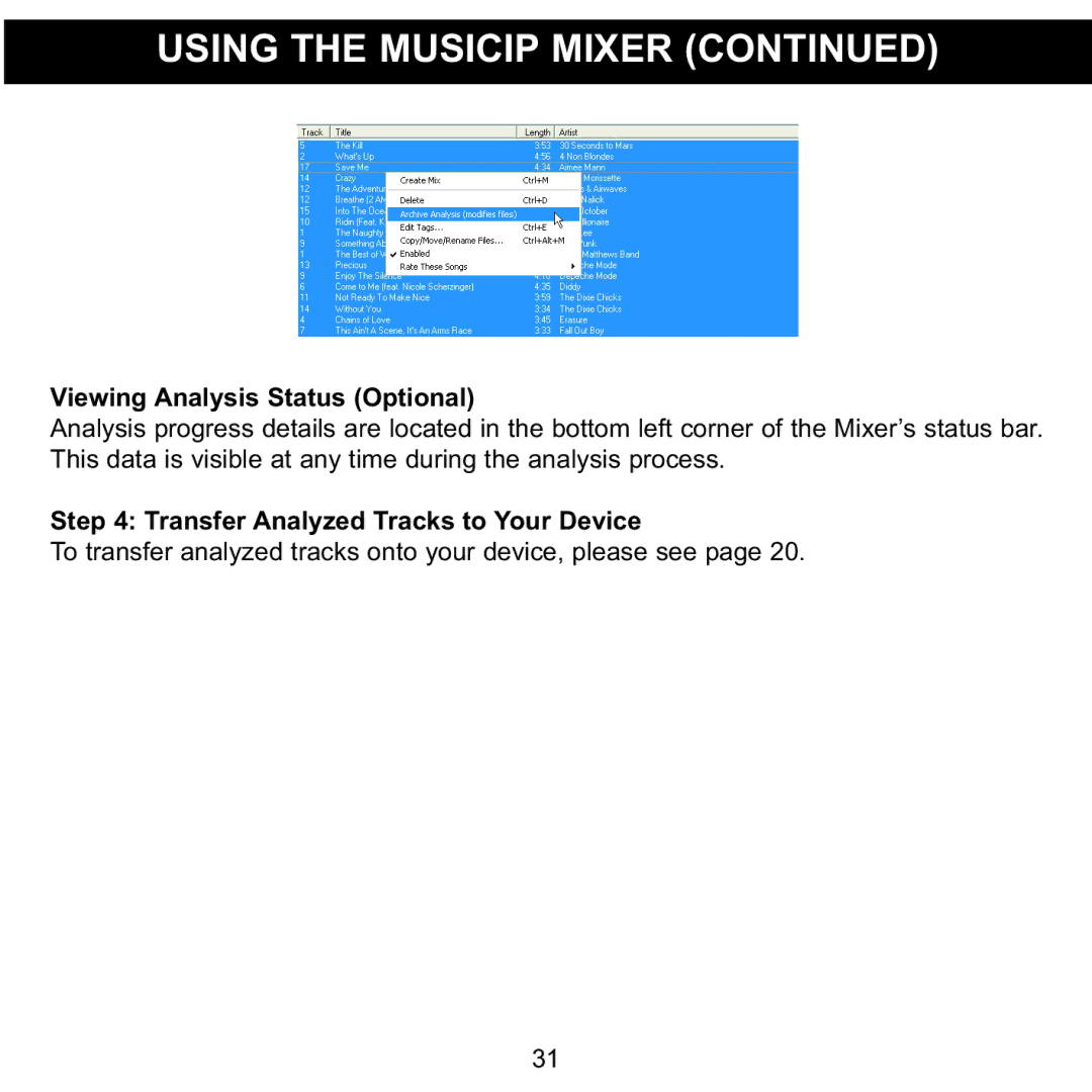 Memorex MMP8620 specifications Viewing Analysis Status Optional, Transfer Analyzed Tracks to Your Device 