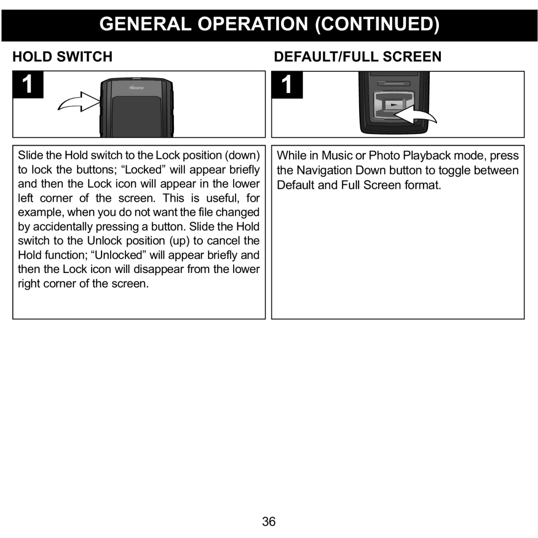 Memorex MMP8620 specifications Hold Switch, DEFAULT/FULL Screen 