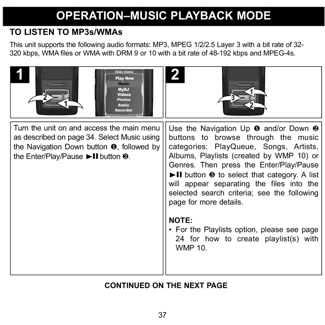 Memorex MMP8620 specifications OPERATION-MUSIC Playback Mode, To Listen to MP3s/WMAs 