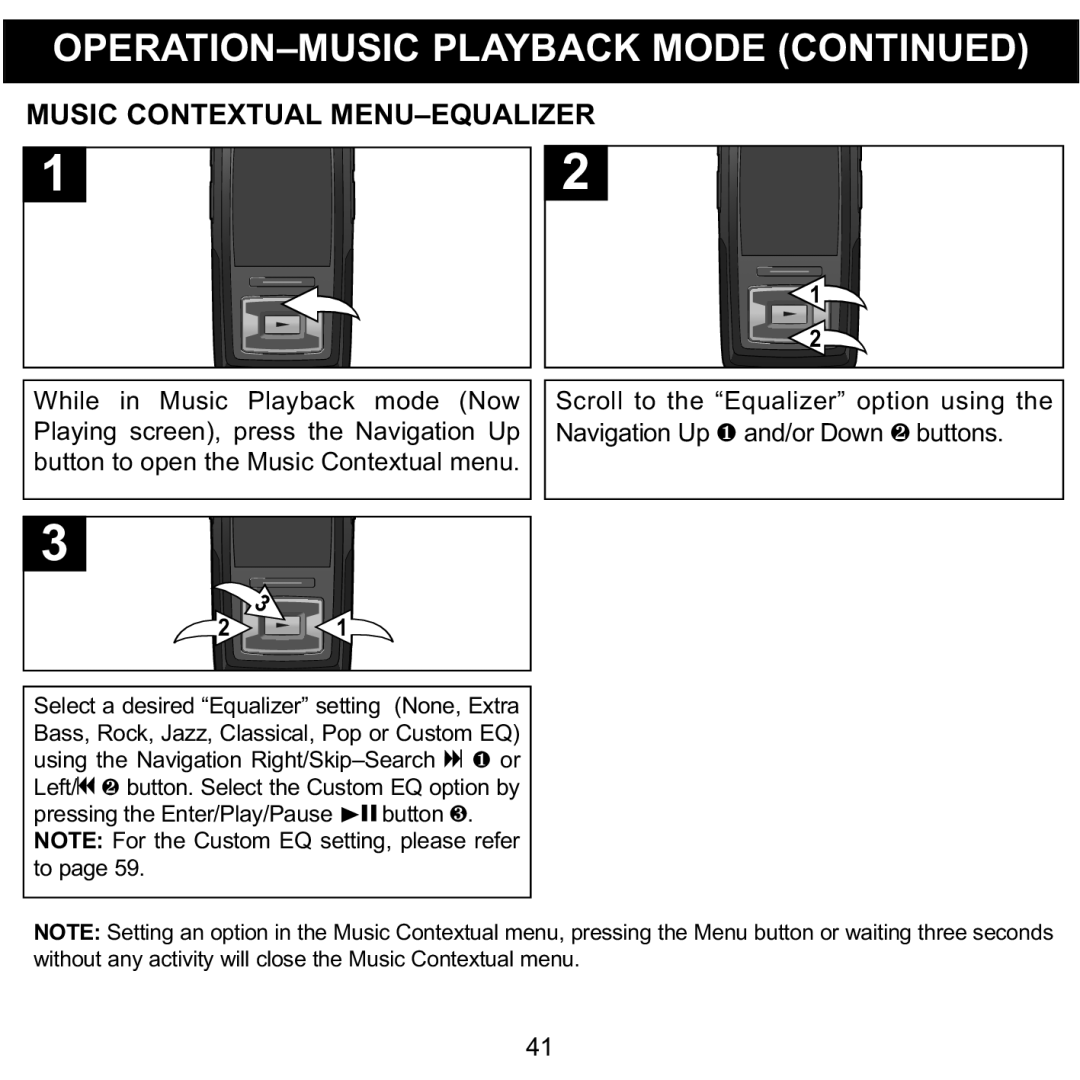 Memorex MMP8620 specifications Music Contextual MENU-EQUALIZER, Bass, Rock, Jazz, Classical, Pop or Custom EQ 