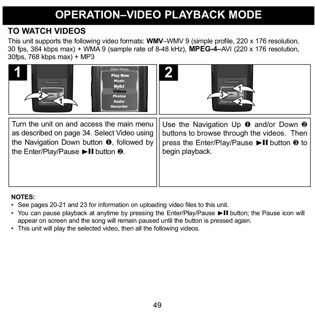 Memorex MMP8620 specifications OPERATION-VIDEO Playback Mode, To Watch Videos 