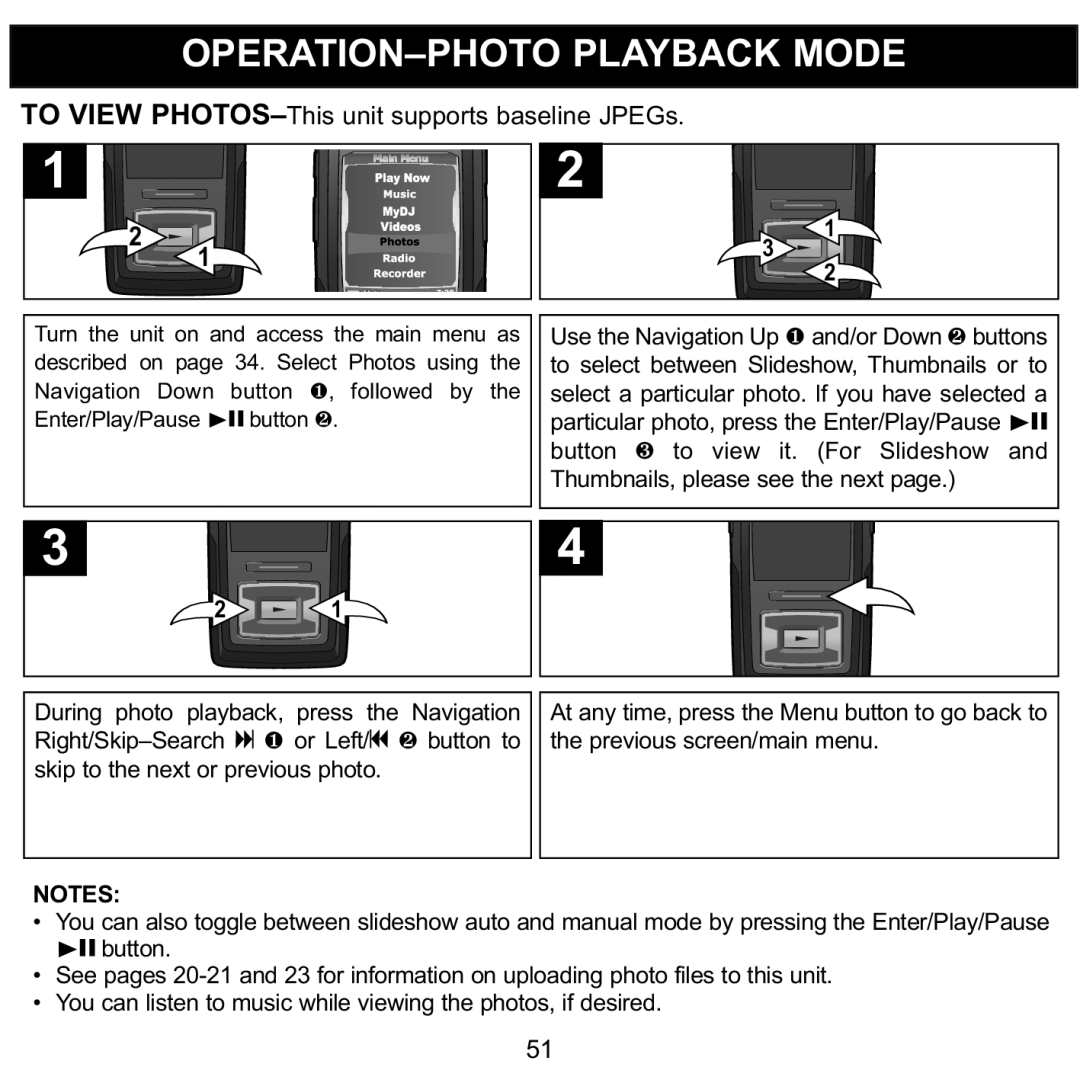 Memorex MMP8620 specifications OPERATION-PHOTO Playback Mode, To View PHOTOS-This unit supports baseline2 JPEGs 