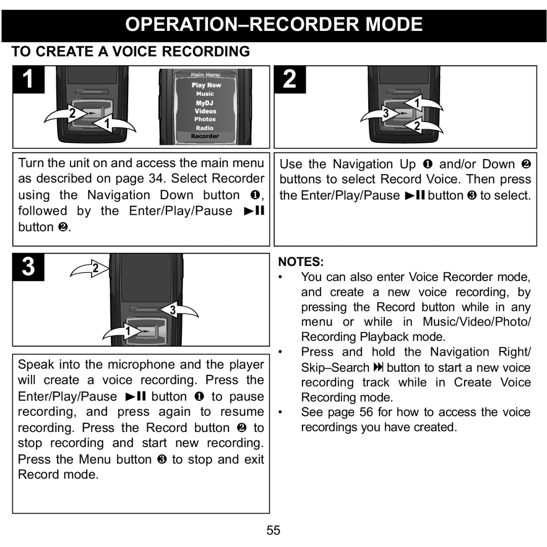 Memorex MMP8620 specifications OPERATION-RECORDER Mode, To Create a Voice Recording 