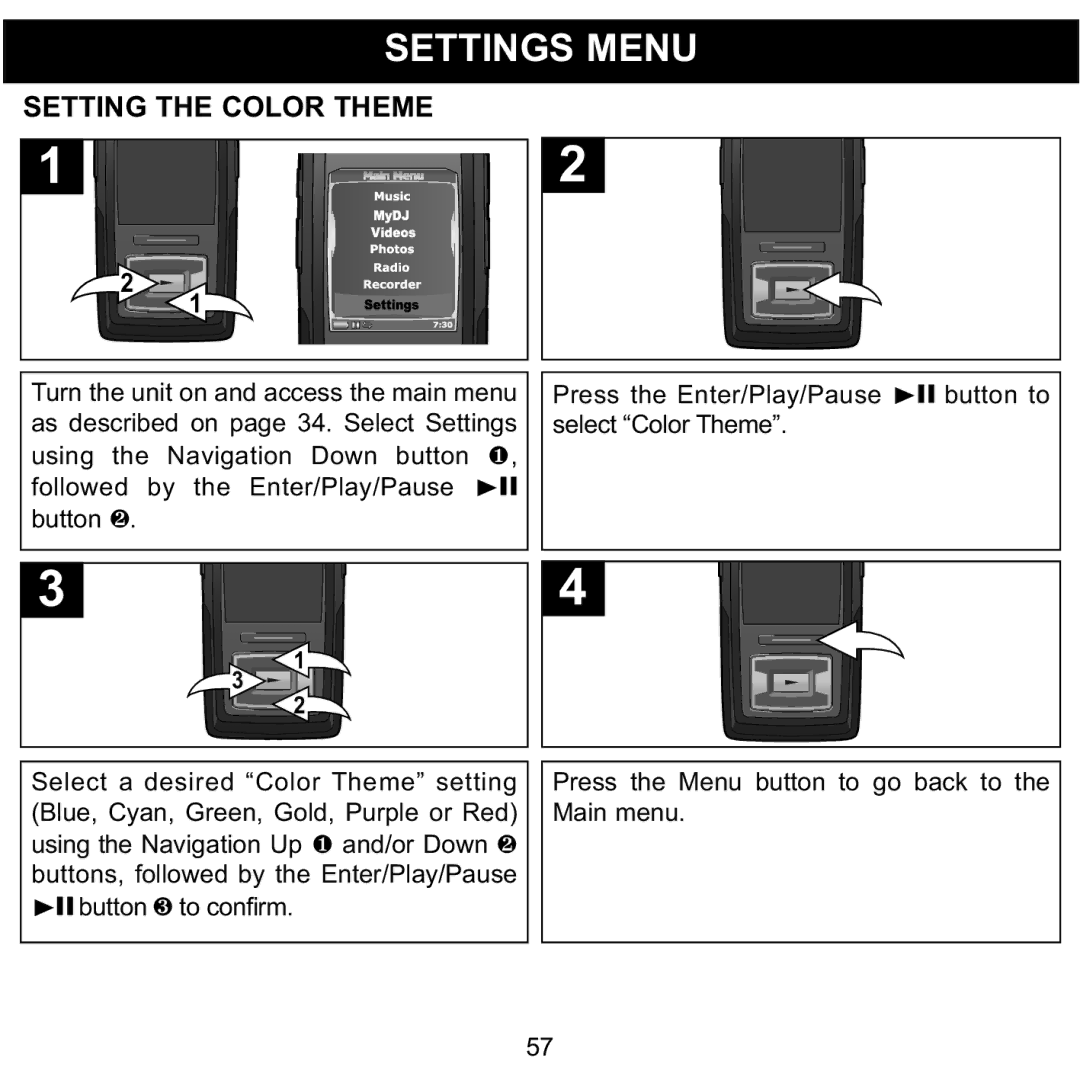 Memorex MMP8620 specifications Settings Menu, Setting the Color Theme 