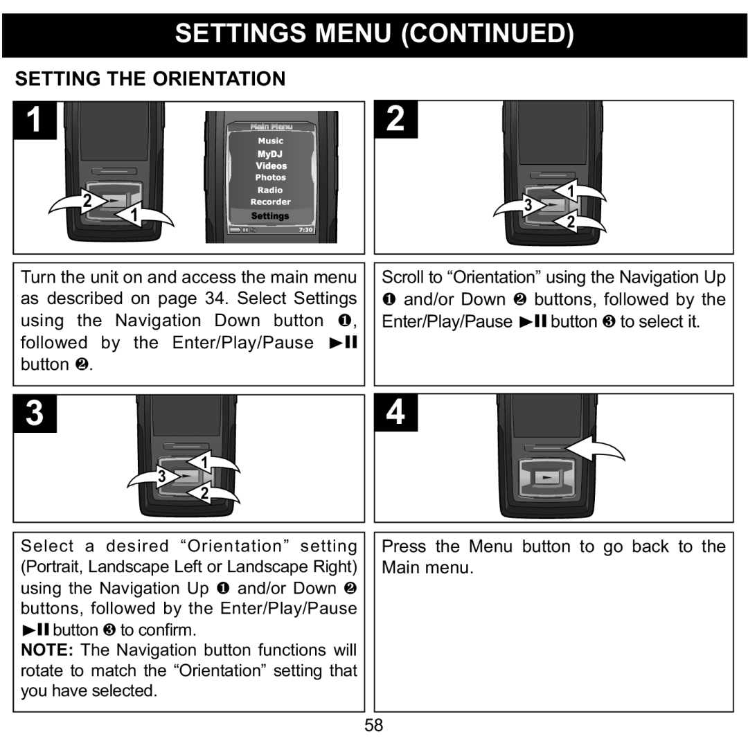 Memorex MMP8620 specifications Setting the Orientation 
