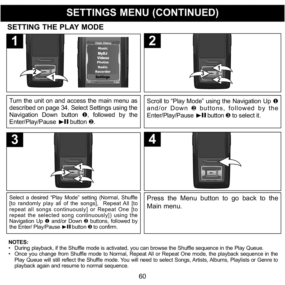 Memorex MMP8620 specifications Setting the Play Mode, Enter/ Play/Pause p button 3 to confirm 