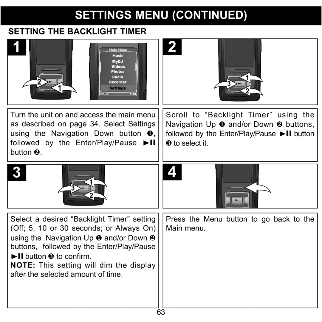 Memorex MMP8620 specifications Setting the Backlight Timer 