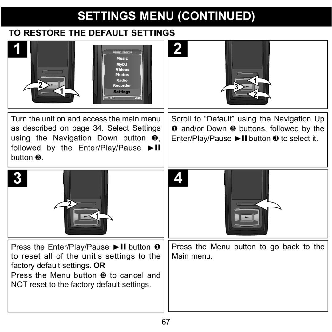 Memorex MMP8620 specifications TO1RESTORE the Default SETTINGS2 