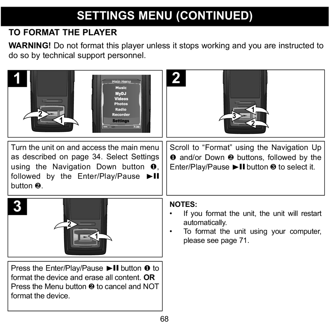 Memorex MMP8620 specifications To Format the Player 