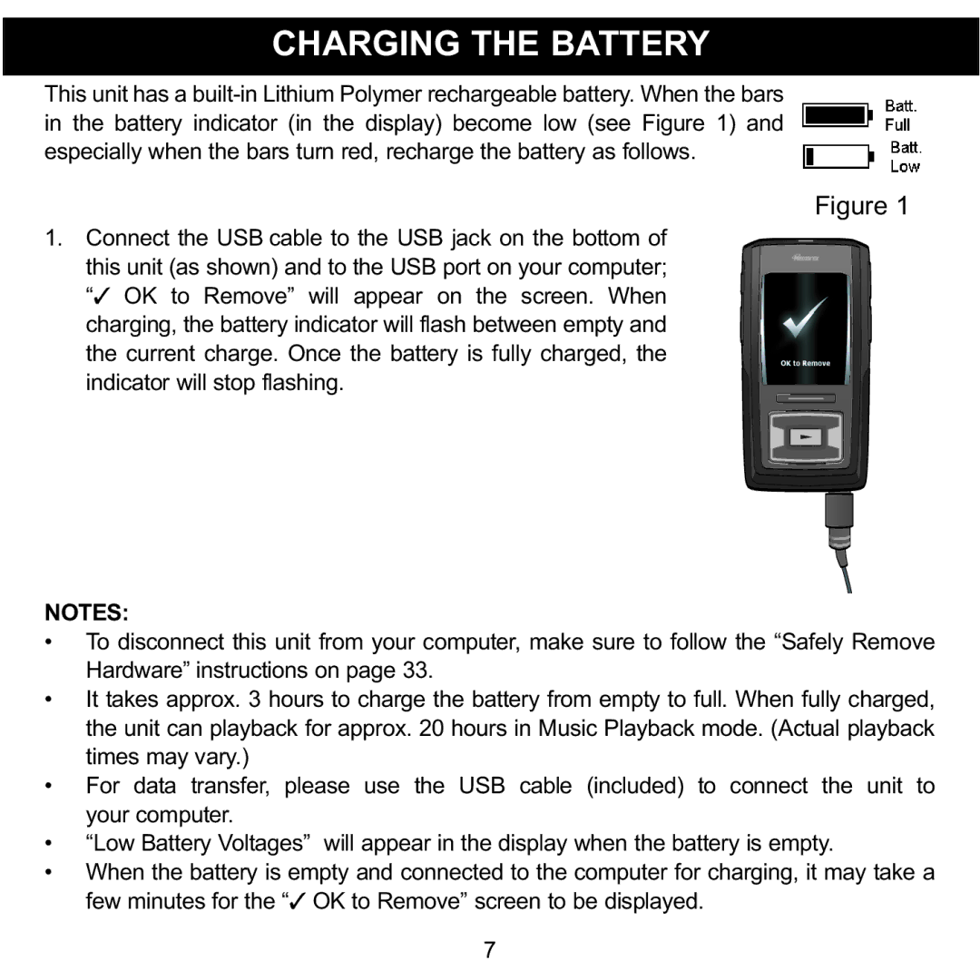 Memorex MMP8620 specifications Charging the Battery 