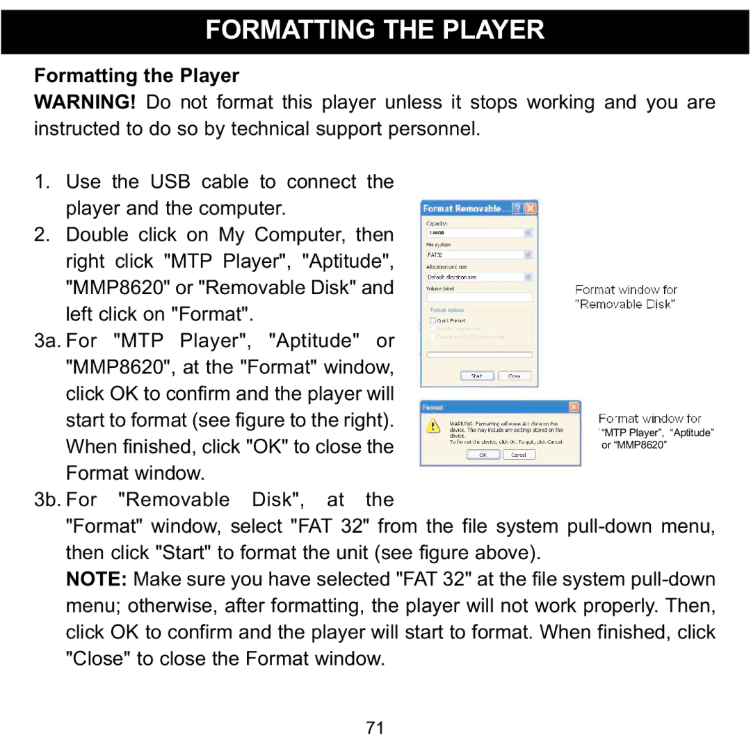 Memorex MMP8620 specifications Formatting the Player 