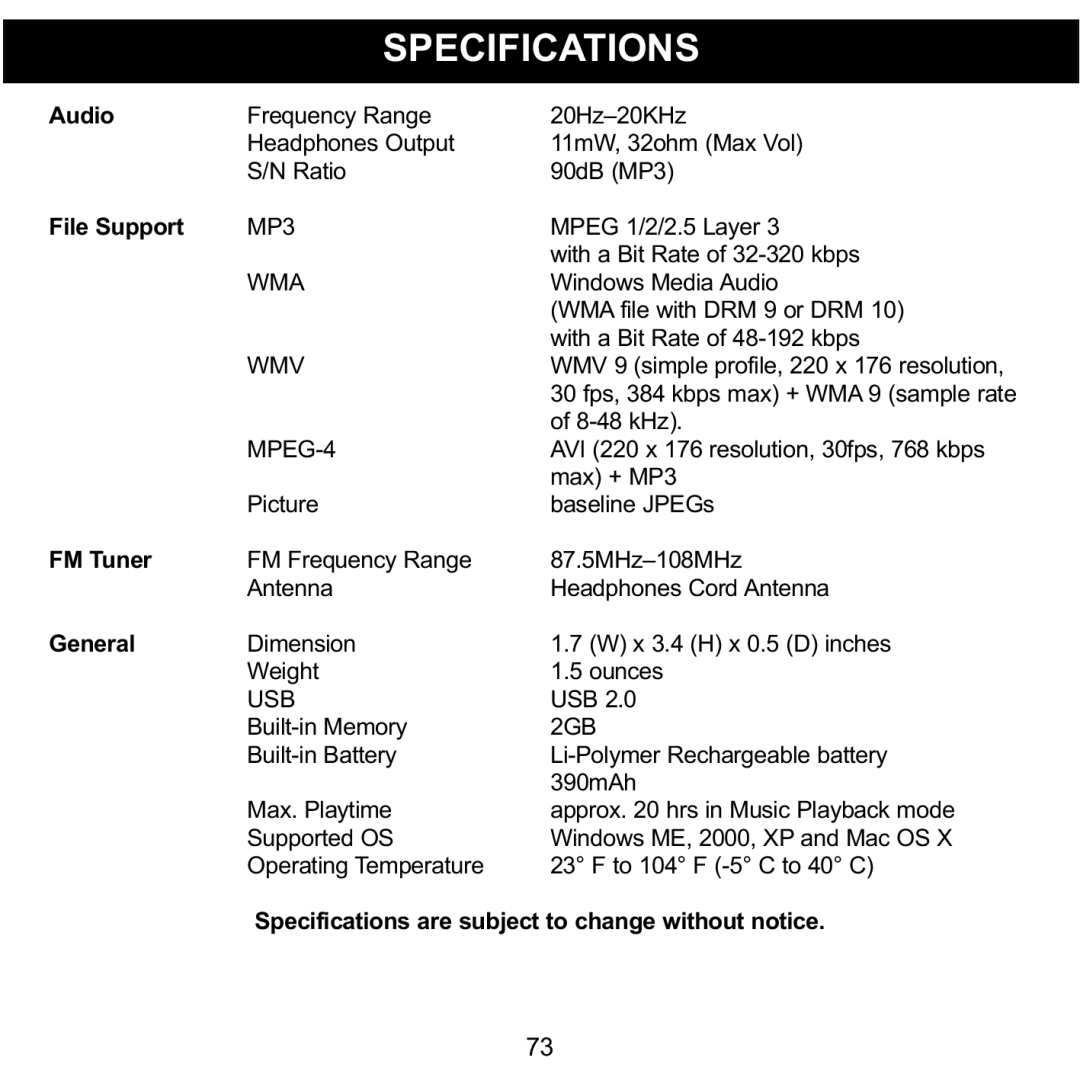 Memorex MMP8620 specifications Specifications, Audio File Support FM Tuner General 