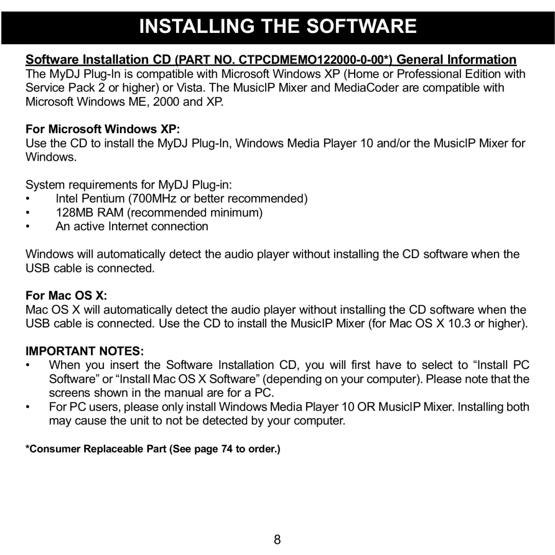 Memorex MMP8620 specifications Installing the Software, For Microsoft Windows XP 