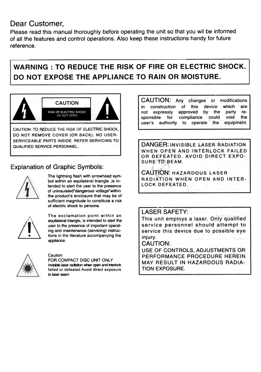 Memorex MP 31 30 manual Dear Customer, Do not Expose the Appliance to Rain or Moisture 