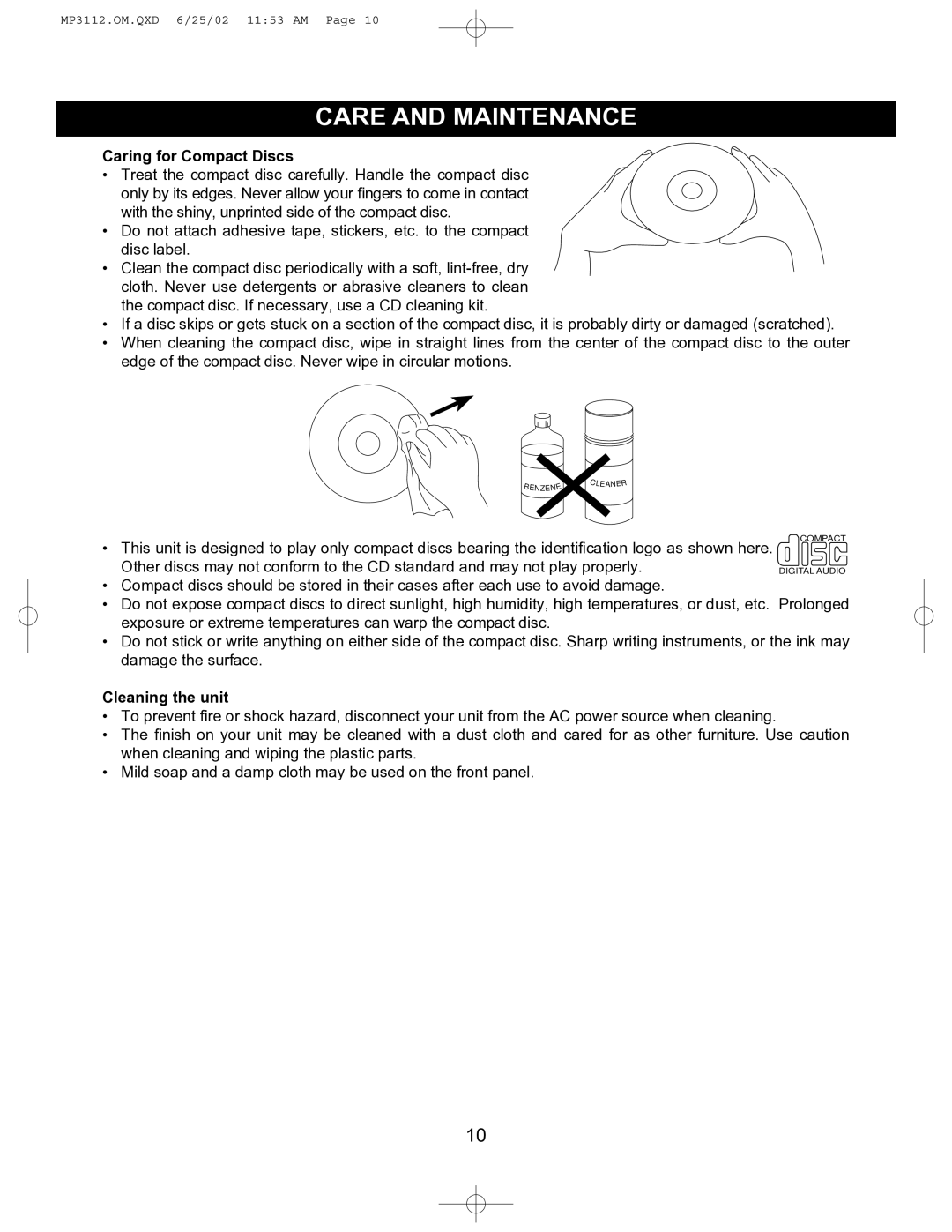 Memorex MP3112 operating instructions Care and Maintenance, Caring for Compact Discs, Cleaning the unit 