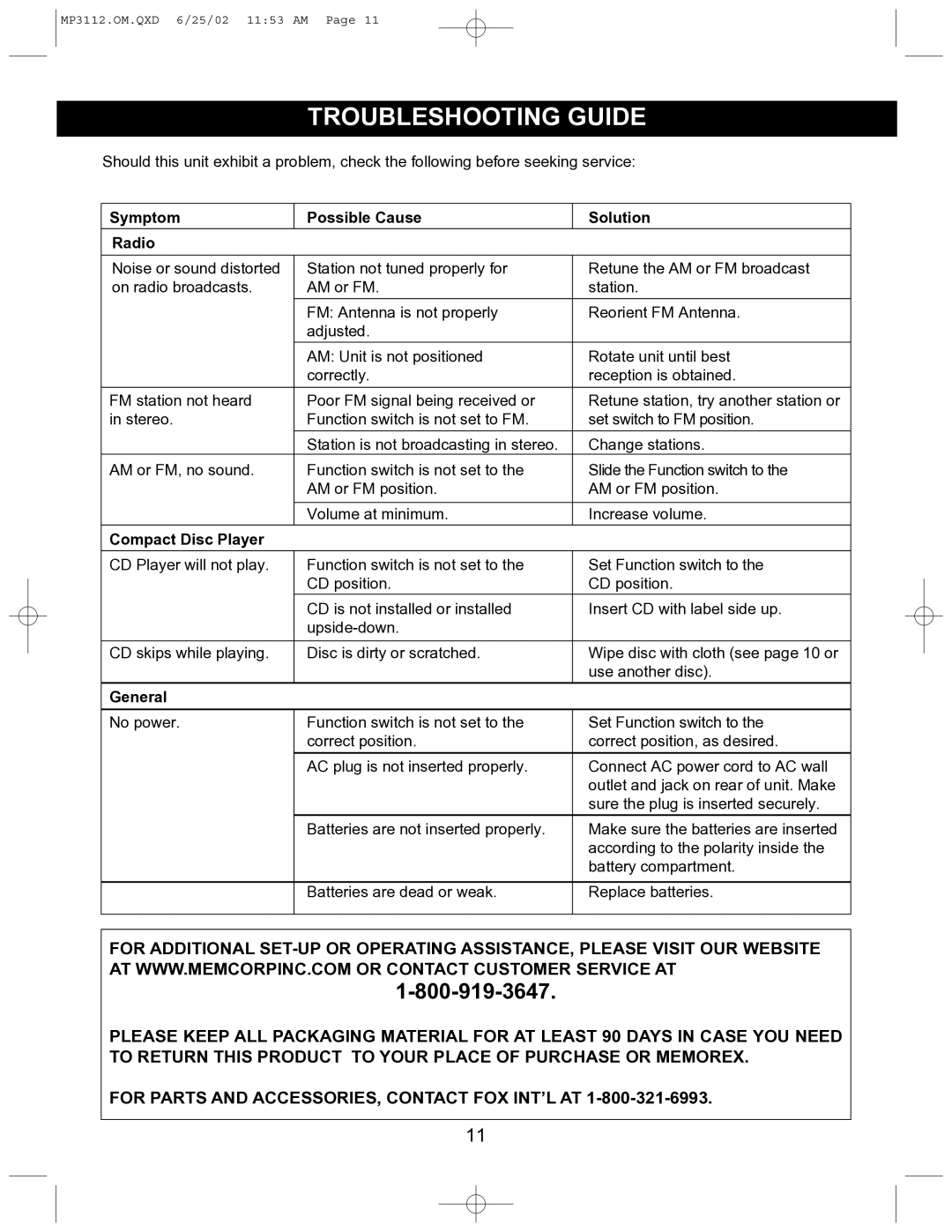 Memorex MP3112 Troubleshooting Guide, Symptom Possible Cause Solution Radio, Compact Disc Player, General 